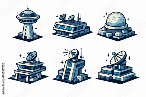 Isometric satellite ground station buildings set with radar domes, dishes and control tower