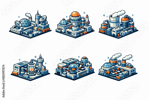 Isometric industrial facility buildings set with power plant, factory and research modules