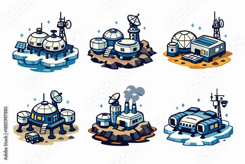 Isometric remote sci-fi outpost buildings set with domes, antennas and mixed biomes