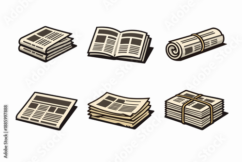 Retro newspaper icon set with folded and stacked press bundles