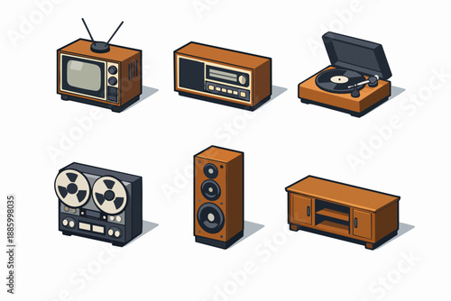 Retro home entertainment icon set with tv radio record player and speaker