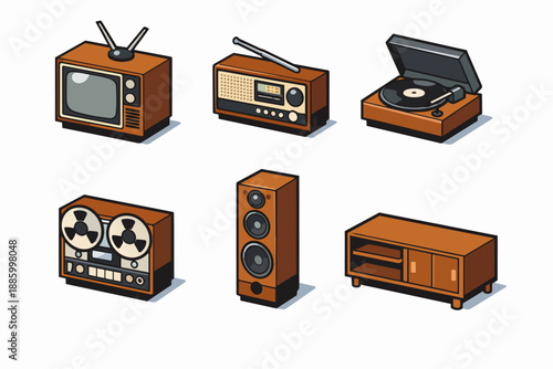Vintage media device icon set with television radio tape deck and speaker cabinet