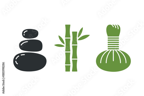 Calming spa icons, black stones, green bamboo, and herbal medicine ball for relaxation therapy