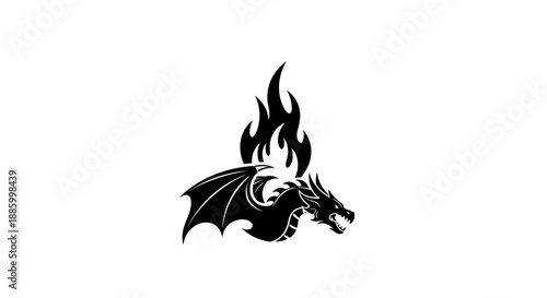 Black Dragon Silhouette with Flames Illustration.