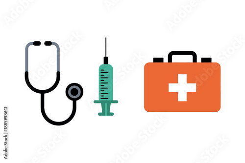 Medical icons including stethoscope, syringe, and first aid kit on white background