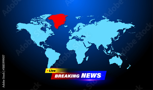 Greenland map highlighted red on blue world map background with breaking news banner. Vector illustration of political crisis or climate change report for television broadcast design.