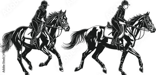 Vector Illustration of Female Equestrian Rider on Horseback, Black and White Jockey Racing Horse Isolated on White Background