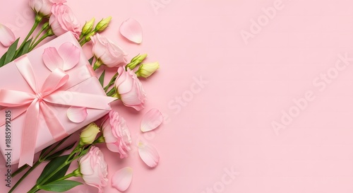 Beautiful pink flowers and gift box for mother's day celebration