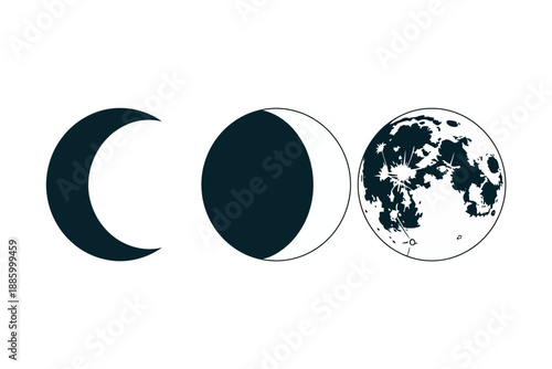 Lunar Phases Illustration with Crescent, Half, and Full Moon Silhouettes on White Background
