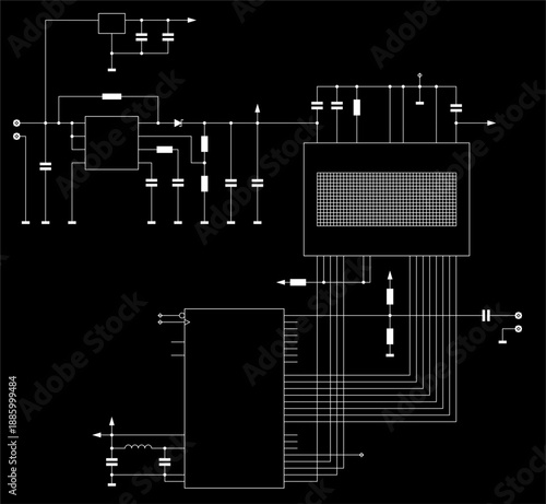 Schematic diagram of electronic device on sheet of paper. Vector drawing electrical circuit with
capacitor, resistor, cpu microcontroller, integrated 
circuit, diode, lcd display, other components.
