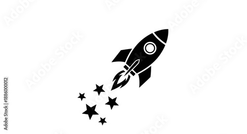Black Rocket Ship Launching into Space with Stars.
