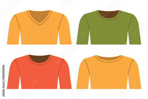 Colorful illustration of four long-sleeved shirts in different vibrant hues and styles displayed