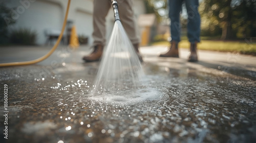 Wallpaper Mural Pressure washing driveway. Close up on water splash and worker in worker boots cleaning driveway with pressure washer. Torontodigital.ca