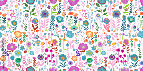 Seamless pattern beautiful simple flowers. Small colorful flowers. hand drawn. Not AI. Vector illustration