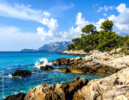 Rocky coastline view with azure waters, vibrant foliage, and distant mountains under a bright, partly cloudy sky
