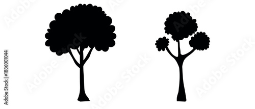 Set of trees. Isolated black and white icons on white background. Spring tree for your design. Vector symbol sign. Plants, landscape design. Eco idea concept.
