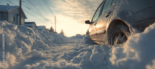 Parked Car Half-Buried in Snowbank on Quiet Winter Suburban Street
