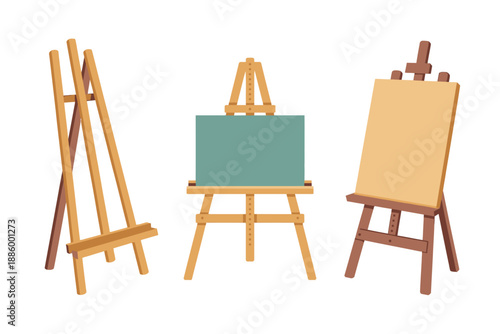 Three wooden artist easels with canvas boards for painting and drawing on white background