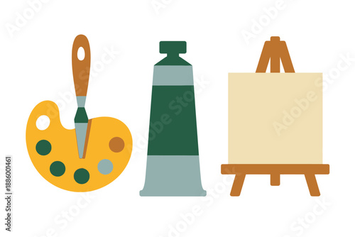 Colorful illustration of painting tools and canvas on easel for artistic creativity and expression