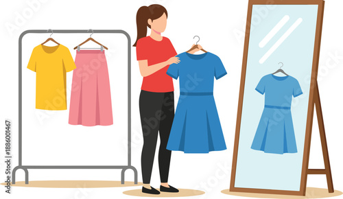 Woman choosing dress in fitting room vector illustration, clothing rack and mirror, female fashion shopping and retail concept, isolated flat design