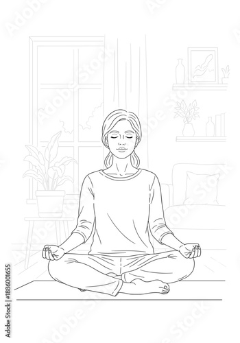 Woman meditating peacefully at home in a serene environment with minimalistic interior