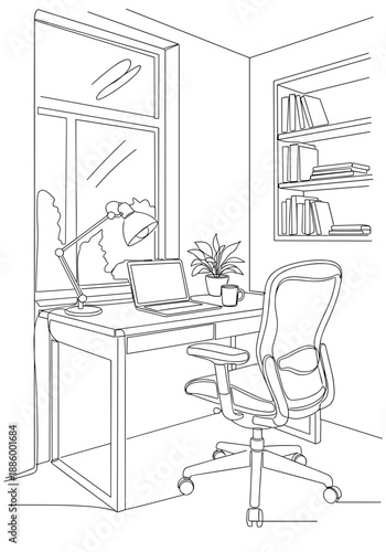 Modern workspace with desk, laptop, and ergonomic chair in minimalistic design