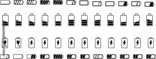 Battery charge level outline icons set with charging symbols and power indicators, black and white minimal vector collection for UI, apps and technology design