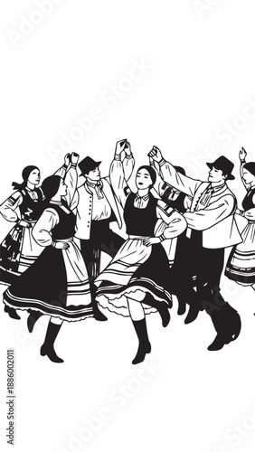 Traditional Cultural Dance Scene Featuring Men and Women in Folk Attire.