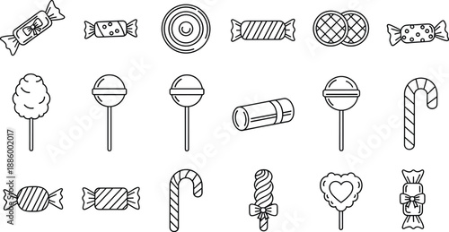 Candy and lollipop line icons set with sweets and confectionery treats, black and white outline vector collection for dessert, party and food design