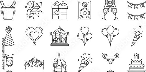 Celebration party line icons set with balloons gifts drinks cakes and decorations, minimal outline vector collection for birthdays, events and festivals