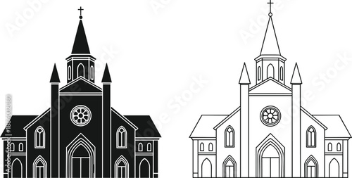 Church building silhouette and outline illustration set with cathedral architecture, black and white vector design for religion, landmark, logo and heritage use