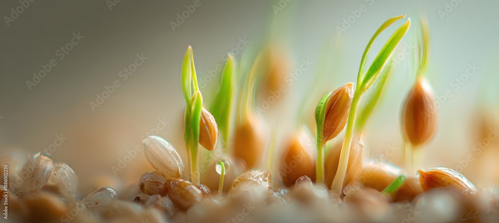 Fototapeta premium Macro Close-up of Barley Grains Sprouting with Green Shoots Emerging
