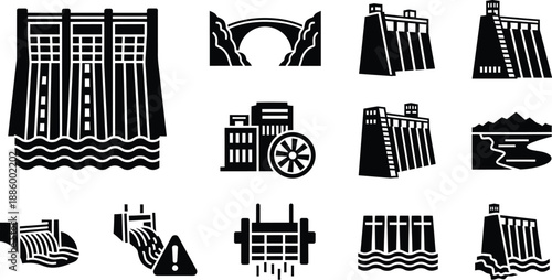 Dam construction power grid industrial icons. Hydroelectric power stations, dams, and electrical power transmission towers vector.