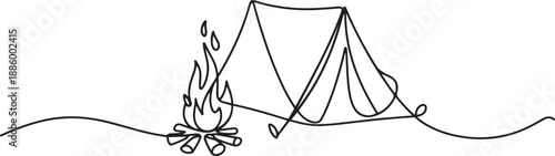 Camping Tent with Campfire Continuous Line Drawing, one line Art icon drawing vector