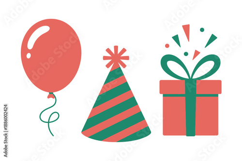 Colorful birthday celebration icons with balloon, hat, and gift box on white background