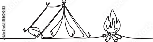 Camping Tent with Campfire Continuous Line Drawing, one line Art icon drawing vector
