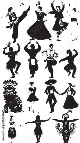 Collection of Silhouettes Depicting Various People Engaged in Different Activities and Cultural Expressions.