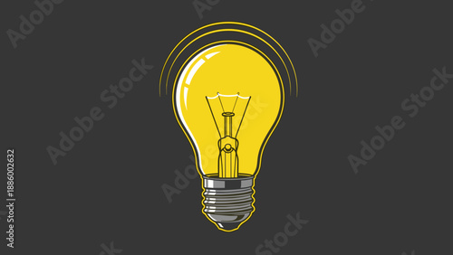 Bright yellow light bulb illuminating with energy and ideas on dark background.