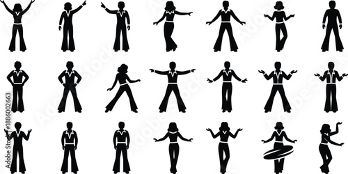 Disco dancing poses. Men and women in 1970s style attire flared trousers energetic dance stances. 
