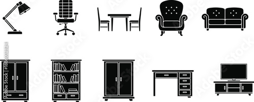 Home and office furniture silhouette icon set with chair table sofa cabinet desk and lamp, black and white vector collection for interior design