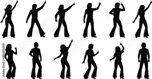Disco dancing poses. Men and women in 1970s style attire flared trousers energetic dance stances. 