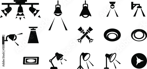 Theater lighting, stage lights, spotlights, lamp, and projectors vector illustration icon silhouettes. 