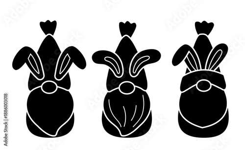 Cute Easter gnome characters with bunny ear  black silhouette design set.
Transparent background. SVG.
