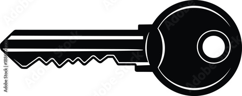 House key silhouette icon in black and white, minimal security and access symbol illustration for real estate, lock and safety design