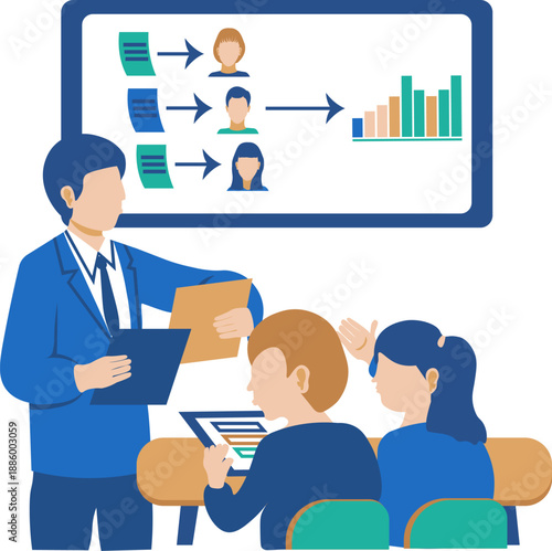 Task delegation illustration	Flat vector illustration of manager delegating tasks to team members