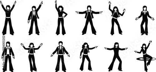 Disco dancing poses. Men and women in 1970s style attire flared trousers energetic dance stances. 