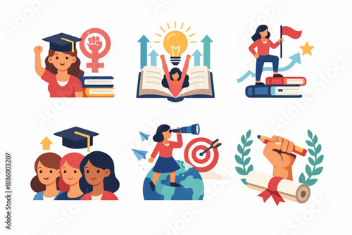International Women’s Day women empowerment education icon set