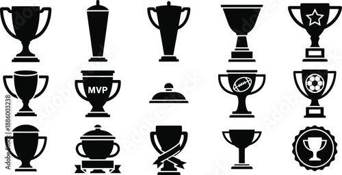 Championship cups , prize trophies and awards vector icon silhouettes. 