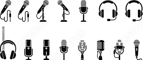Microphone and headset audio icons set with studio recording and podcast equipment symbols, black and white silhouette vector collection for media and sound design