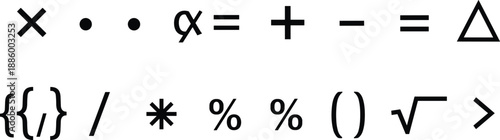 Mathematical and Programming Symbols Icon Set in Black and White, Algebra, Logic, and Code Operators for Education and UI Design